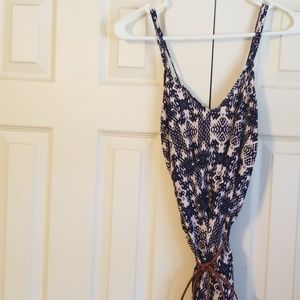 Pink + blue silky dress with brown tassel belt